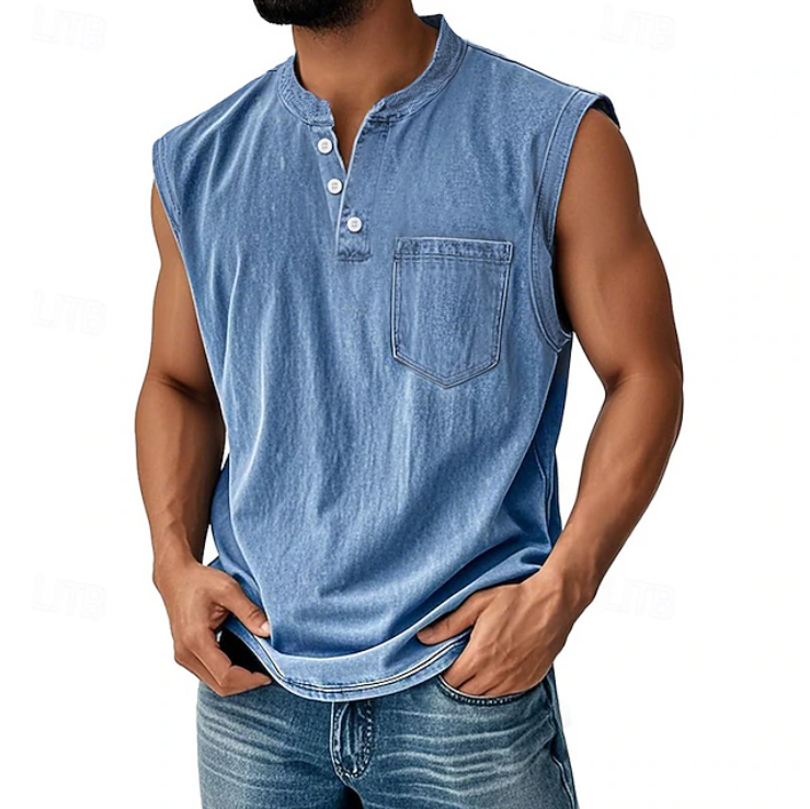 Kessoro men's vintage sleeveless casual shirt in navy, black, grey, beige and brown