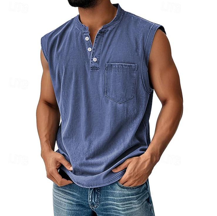 Kessoro men's vintage sleeveless casual shirt in navy, black, grey, beige and brown