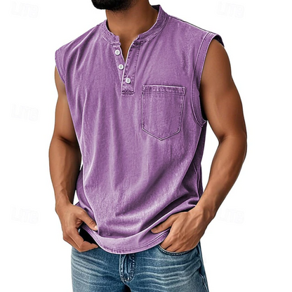 Kessoro men's vintage sleeveless casual shirt in navy, black, grey, beige and brown