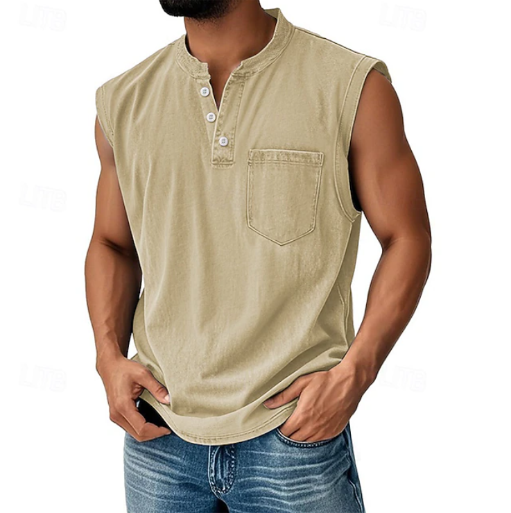 Kessoro men's vintage sleeveless casual shirt in navy, black, grey, beige and brown