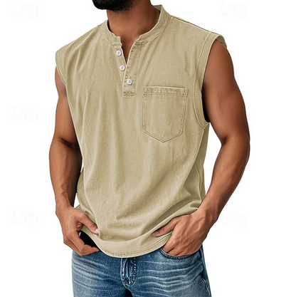 Kessoro men's vintage sleeveless casual shirt in navy, black, grey, beige and brown