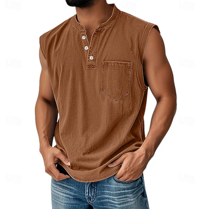 Kessoro men's vintage sleeveless casual shirt in navy, black, grey, beige and brown