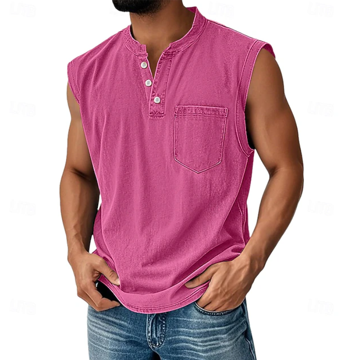 Kessoro men's vintage sleeveless casual shirt in navy, black, grey, beige and brown