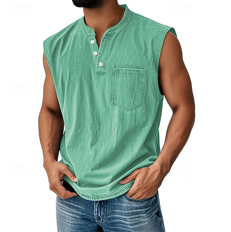 Kessoro men's vintage sleeveless casual shirt in navy, black, grey, beige and brown