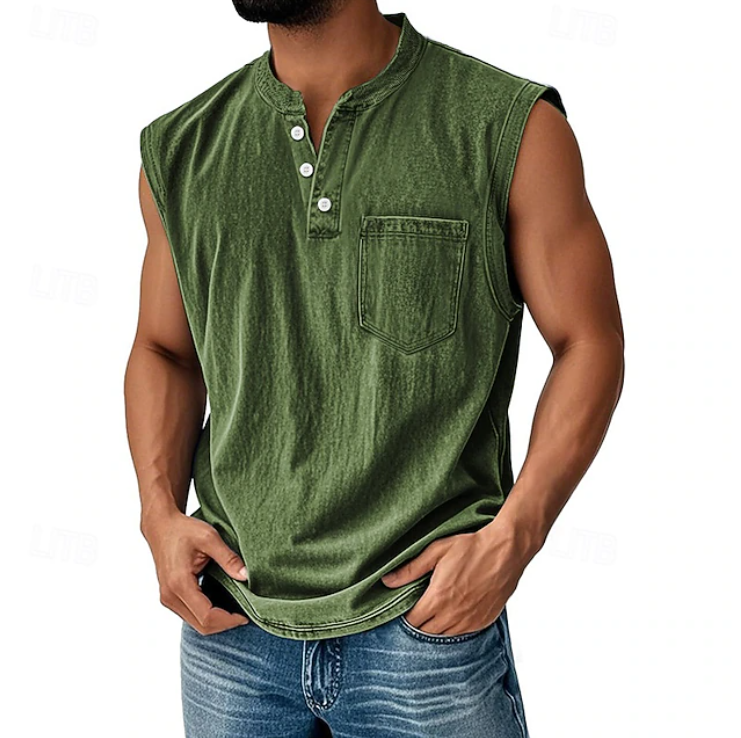 Kessoro men's vintage sleeveless casual shirt in navy, black, grey, beige and brown