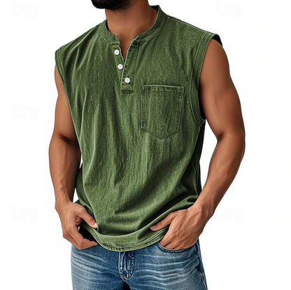 Kessoro men's vintage sleeveless casual shirt in navy, black, grey, beige and brown