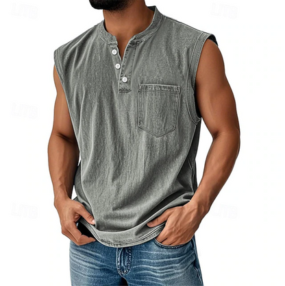 Kessoro men's vintage sleeveless casual shirt in navy, black, grey, beige and brown