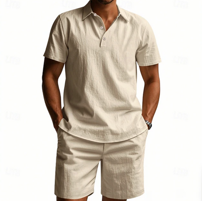 Men's relaxed fit casual 2 piece outfit set in navy, grey, green and beige