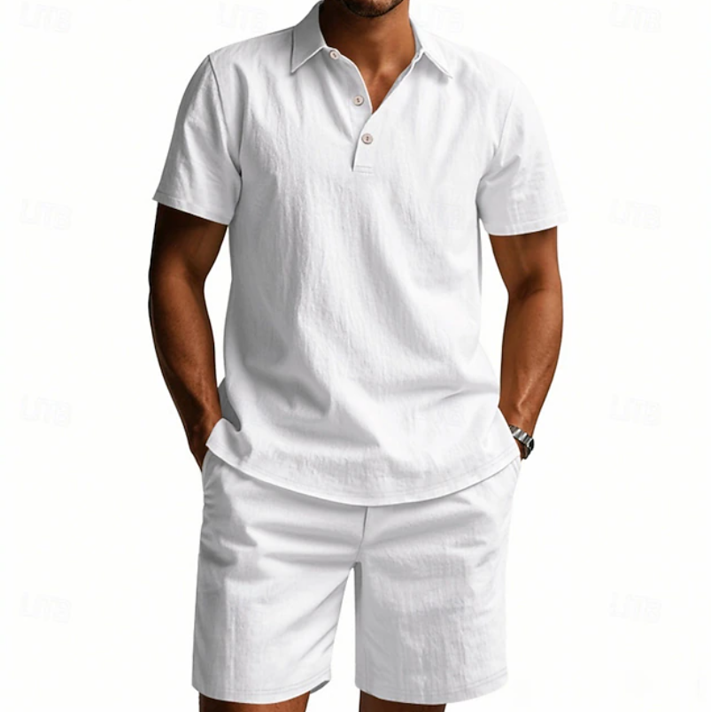 Men's relaxed fit casual 2 piece outfit set in navy, grey, green and beige