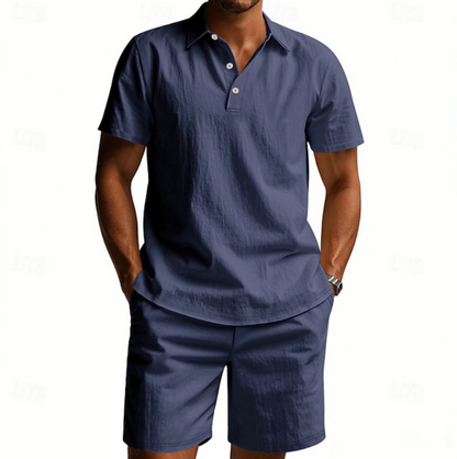 Men's relaxed fit casual 2 piece outfit set in navy, grey, green and beige