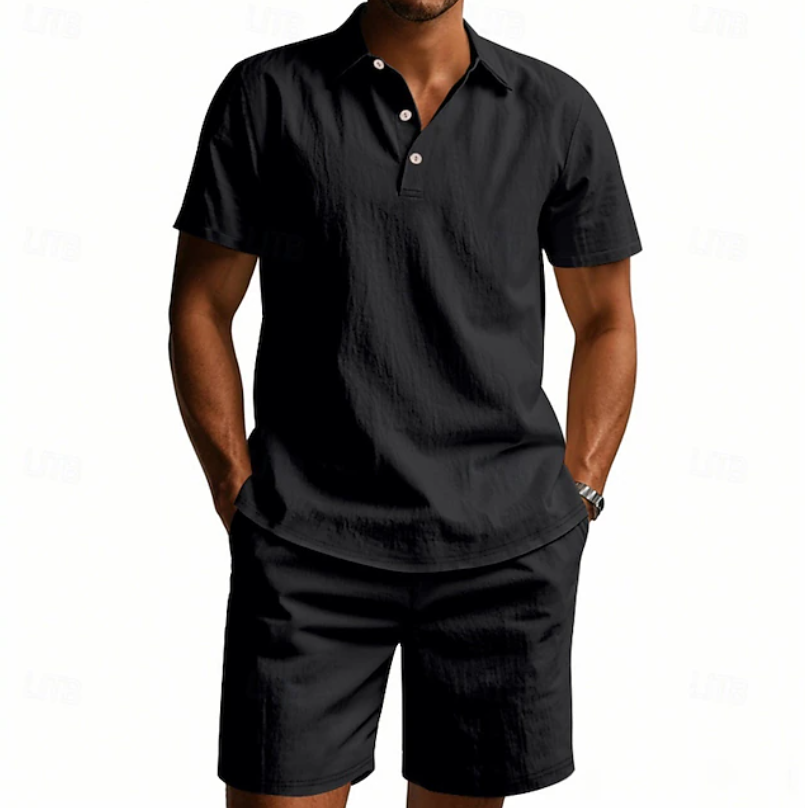 Men's relaxed fit casual 2 piece outfit set in navy, grey, green and beige