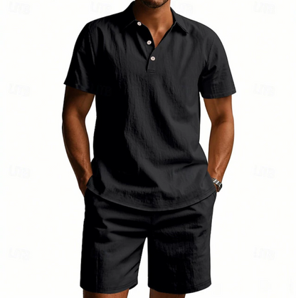 Men's relaxed fit casual 2 piece outfit set in navy, grey, green and beige