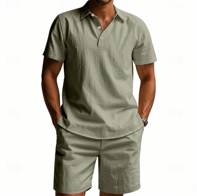 Men's relaxed fit casual 2 piece outfit set in navy, grey, green and beige