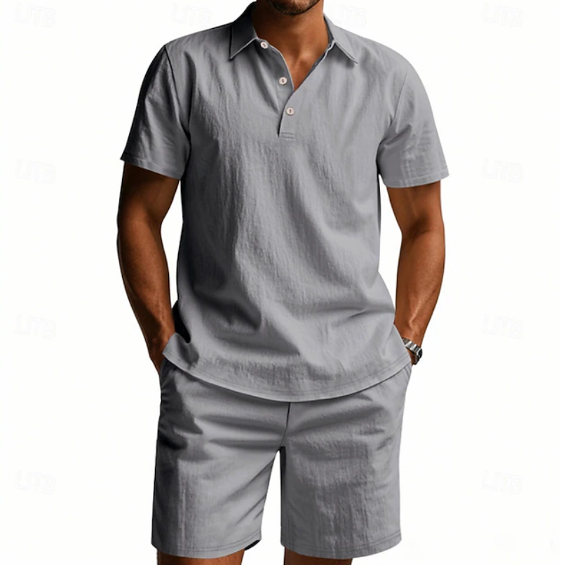 Men's relaxed fit casual 2 piece outfit set in navy, grey, green and beige