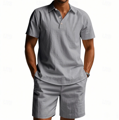 Men's relaxed fit casual 2 piece outfit set in navy, grey, green and beige