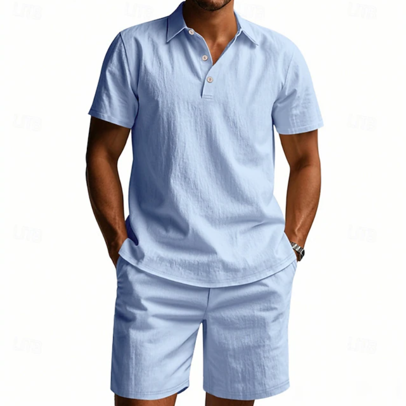 Men's relaxed fit casual 2 piece outfit set in navy, grey, green and beige