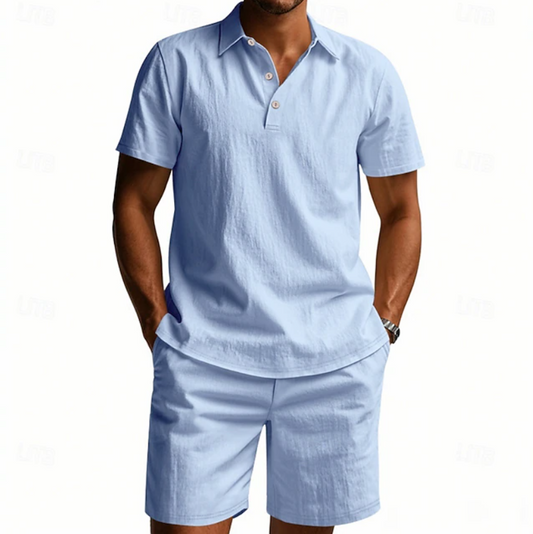 Men's relaxed fit casual 2 piece outfit set in navy, grey, green and beige
