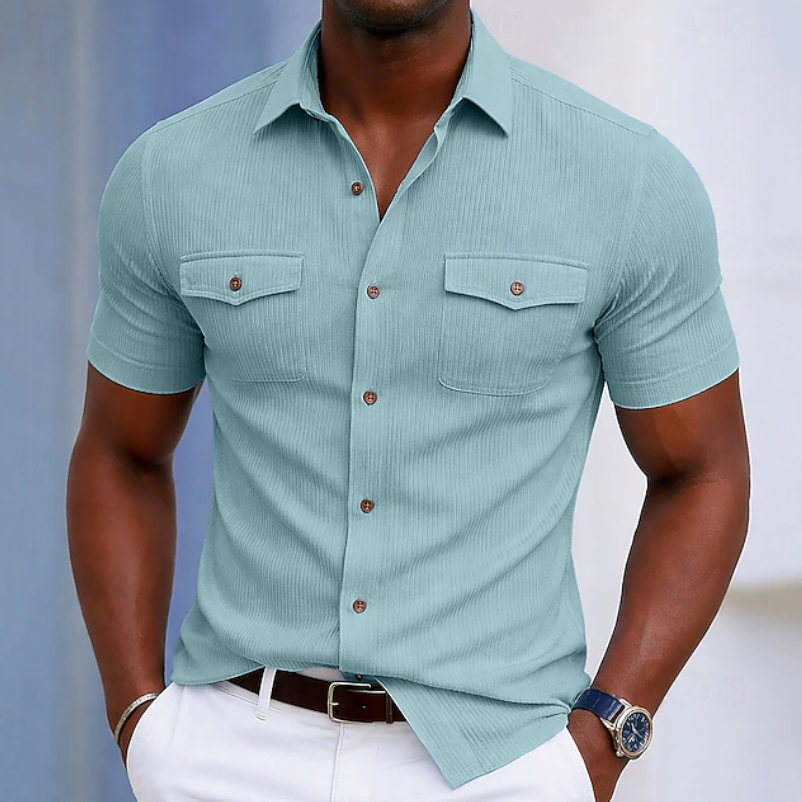 Kessoro men's tailored chest-pocket button-up shirt shown in eight colourways including light blue, white, beige and brown on a male model