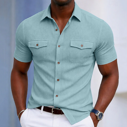 Kessoro men's tailored chest-pocket button-up shirt shown in eight colourways including light blue, white, beige and brown on a male model