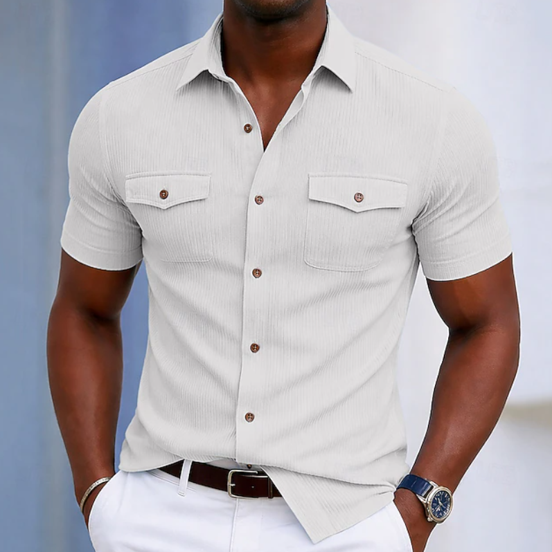 Kessoro men's tailored chest-pocket button-up shirt shown in eight colourways including light blue, white, beige and brown on a male model