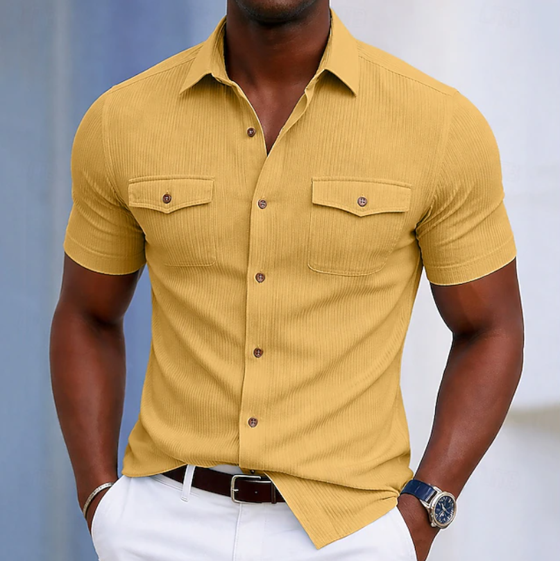 Kessoro men's tailored chest-pocket button-up shirt shown in eight colourways including light blue, white, beige and brown on a male model