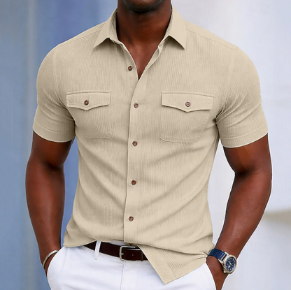 Kessoro men's tailored chest-pocket button-up shirt shown in eight colourways including light blue, white, beige and brown on a male model
