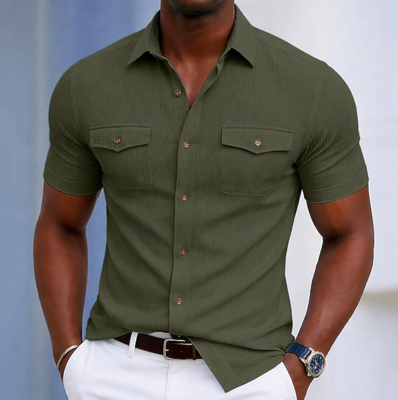 Kessoro men's tailored chest-pocket button-up shirt shown in eight colourways including light blue, white, beige and brown on a male model