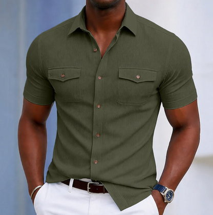 Kessoro men's tailored chest-pocket button-up shirt shown in eight colourways including light blue, white, beige and brown on a male model