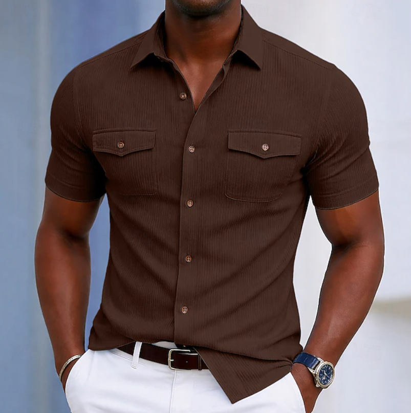 Kessoro men's tailored chest-pocket button-up shirt shown in eight colourways including light blue, white, beige and brown on a male model