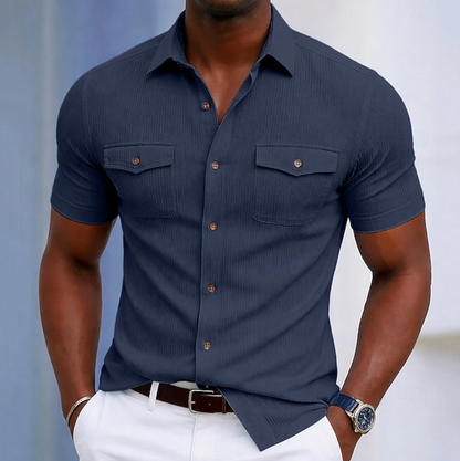Kessoro men's tailored chest-pocket button-up shirt shown in eight colourways including light blue, white, beige and brown on a male model