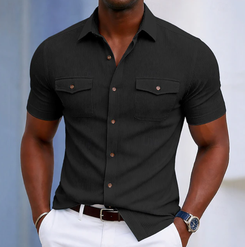 Kessoro men's tailored chest-pocket button-up shirt shown in eight colourways including light blue, white, beige and brown on a male model