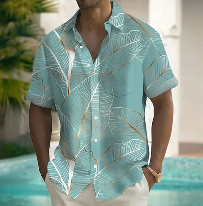 Kessoro men's botanical print relaxed short-sleeve shirt shown in pink, purple, green, light blue and light green colourways on a male model