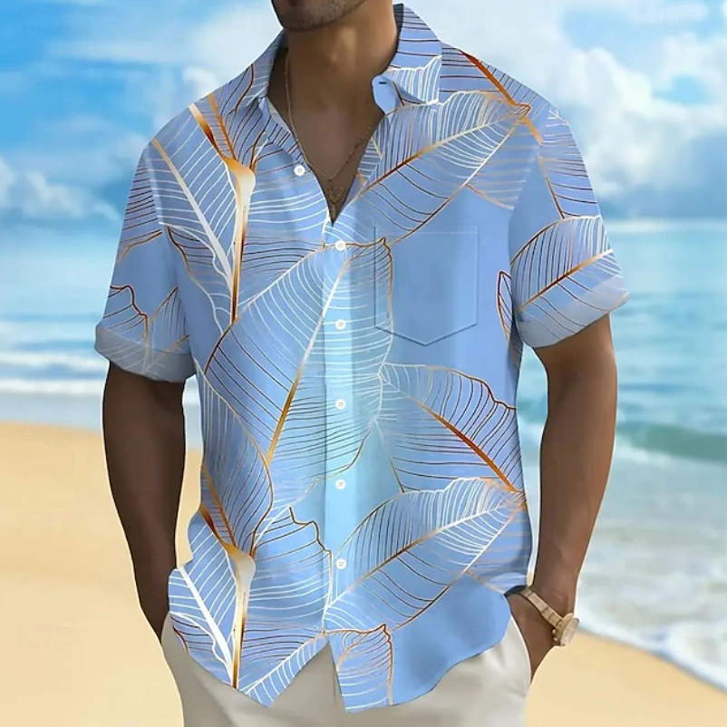 Kessoro men's botanical print relaxed short-sleeve shirt shown in pink, purple, green, light blue and light green colourways on a male model