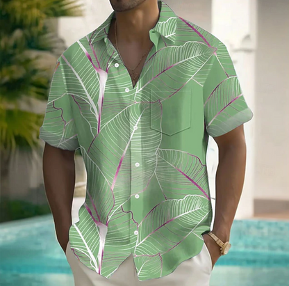 Kessoro men's botanical print relaxed short-sleeve shirt shown in pink, purple, green, light blue and light green colourways on a male model