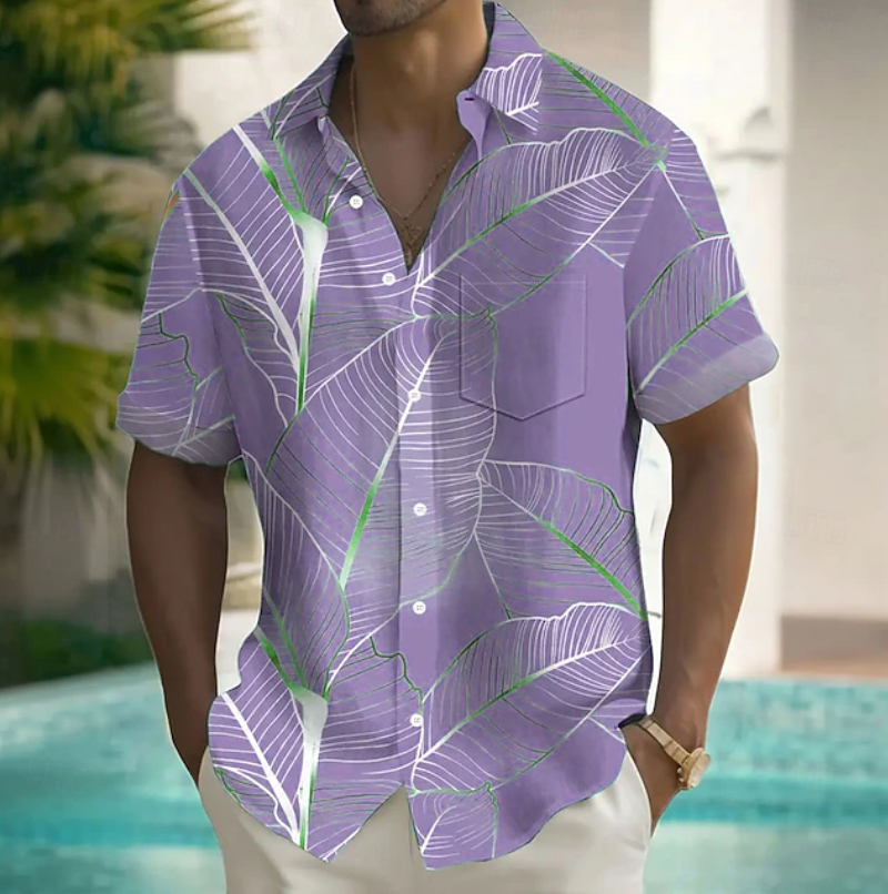 Kessoro men's botanical print relaxed short-sleeve shirt shown in pink, purple, green, light blue and light green colourways on a male model