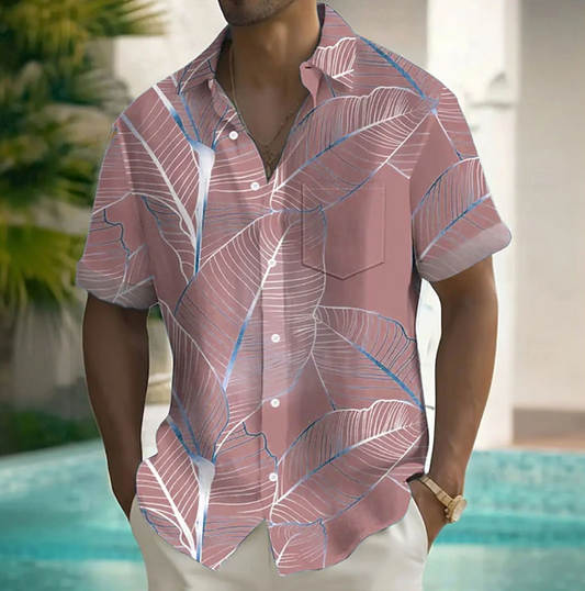 Kessoro men's botanical print relaxed short-sleeve shirt shown in pink, purple, green, light blue and light green colourways on a male model