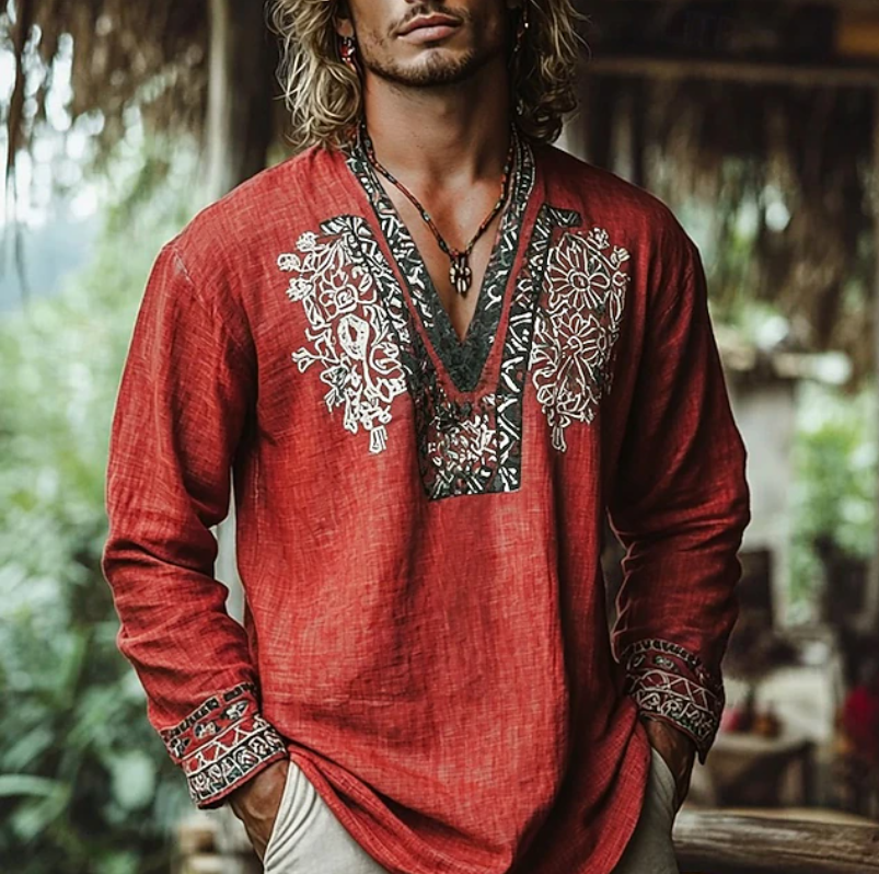 Kessoro men's embroidered relaxed resort shirt shown in brown, blue, red and yellow colourways on a male model