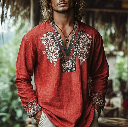 Kessoro men's embroidered relaxed resort shirt shown in brown, blue, red and yellow colourways on a male model