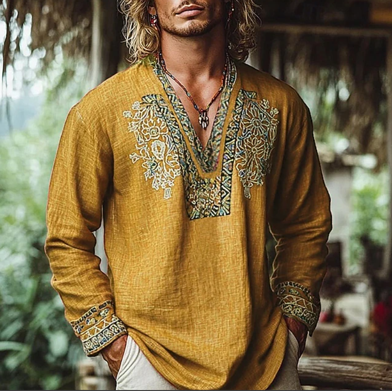 Kessoro men's embroidered relaxed resort shirt shown in brown, blue, red and yellow colourways on a male model