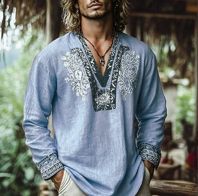 Kessoro men's embroidered relaxed resort shirt shown in brown, blue, red and yellow colourways on a male model