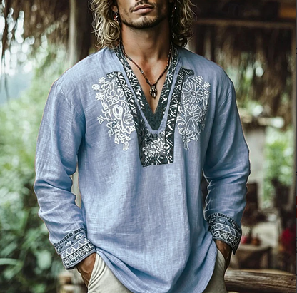 Kessoro men's embroidered relaxed resort shirt shown in brown, blue, red and yellow colourways on a male model