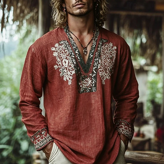 Kessoro men's embroidered relaxed resort shirt shown in brown, blue, red and yellow colourways on a male model