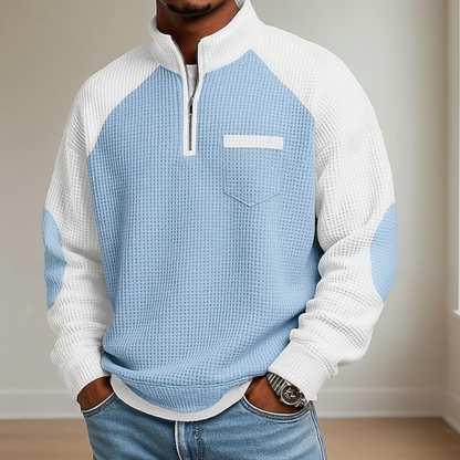 Kessoro men's half-zip stand collar sweater shown in blue, grey, green and light blue colourways on a male model