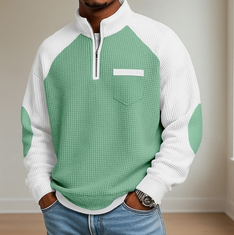 Kessoro men's half-zip stand collar sweater shown in blue, grey, green and light blue colourways on a male model