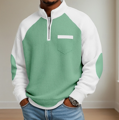 Kessoro men's half-zip stand collar sweater shown in blue, grey, green and light blue colourways on a male model
