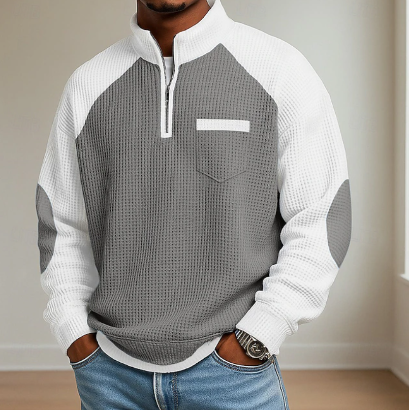 Kessoro men's half-zip stand collar sweater shown in blue, grey, green and light blue colourways on a male model