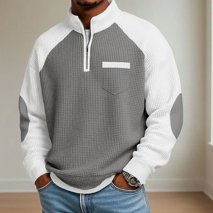 Kessoro men's half-zip stand collar sweater shown in blue, grey, green and light blue colourways on a male model