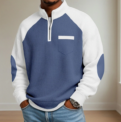 Kessoro men's half-zip stand collar sweater shown in blue, grey, green and light blue colourways on a male model