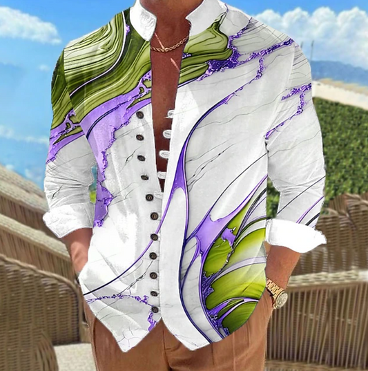 Kessoro men's artistic abstract print long sleeve shirt in green, purple, brown and blue, image 1 of 4
