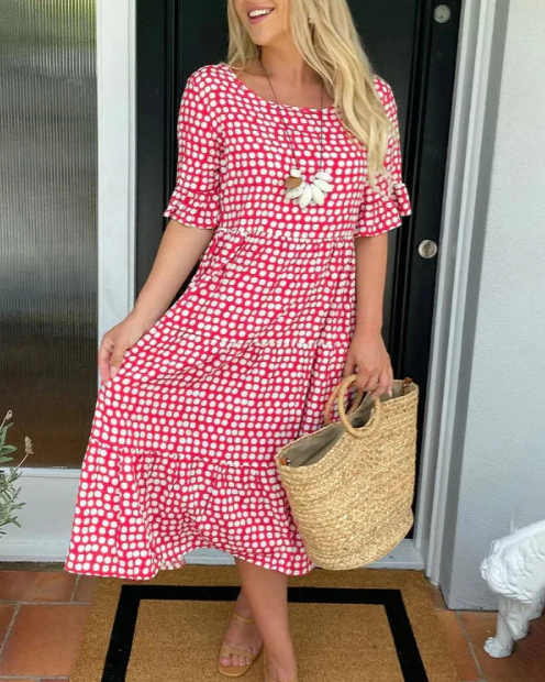 Women's short sleeve flowing relaxed midi dress in brown, red, yellow, green, blue or black